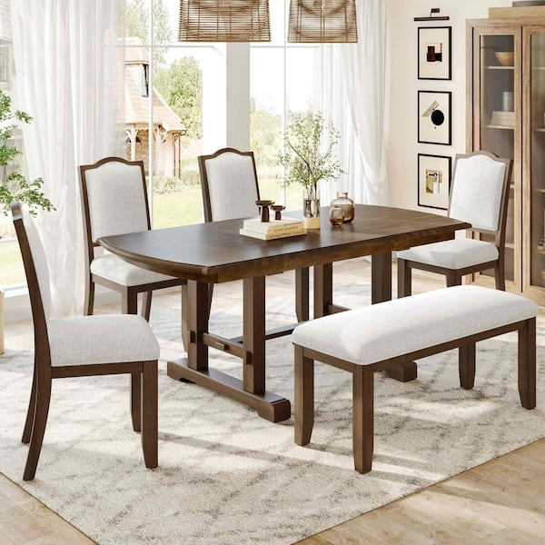 6-Piece Rectangular Extendable Beige/Brown Wood Top Dining Table Set Seats 5 with 4 Upholstered Side Chair