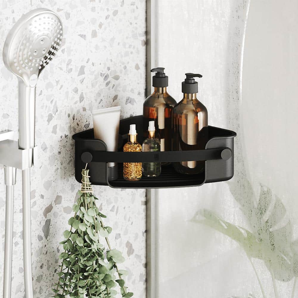 Black Plastic Adhesive Corner Shower Basket with Hooks
