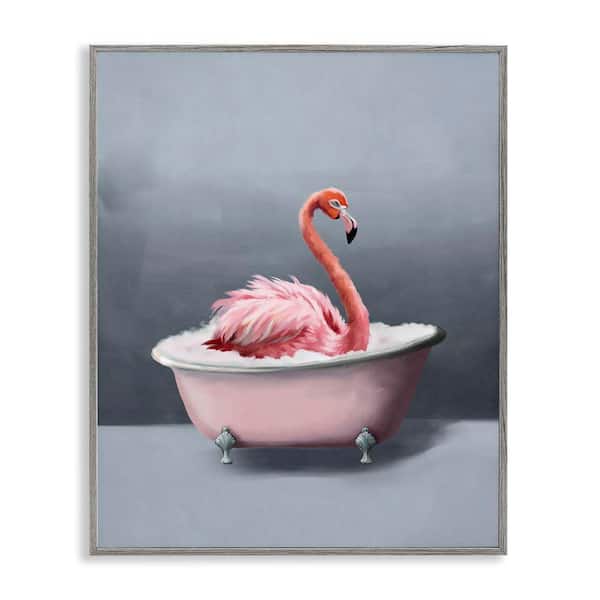 Stupell Industries Flamingo in Bathtub by Svetlana Aleynikova Gray Framed Animal Giclee Art Print 14 in. x 11 in.