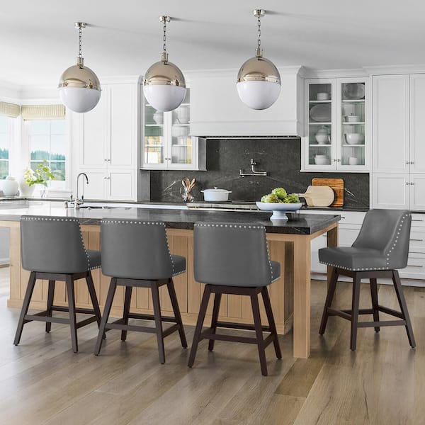 OrangeOne 26 in. Dark Gray Wood 360 Free Swivel Upholstered Counter Bar Stool w/Back Performance Faux Leather Bar Stool Set of 4