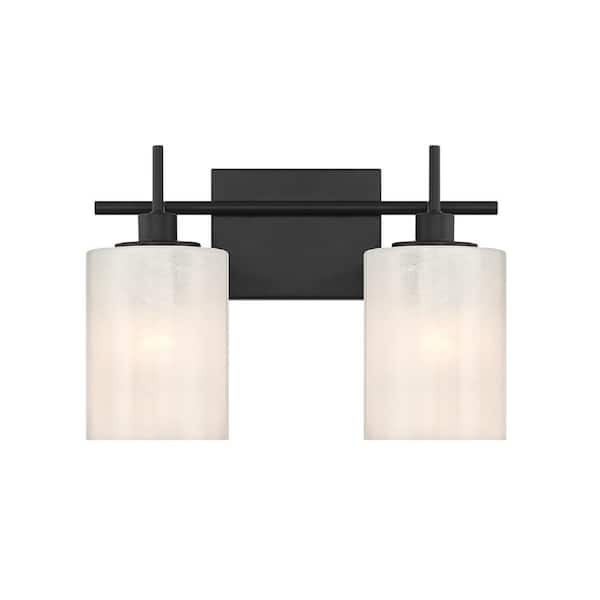 14 in. W x 9.75 in. H 2-Light Matte Black Modern Bathroom Vanity Light with White Strie Glass Shades