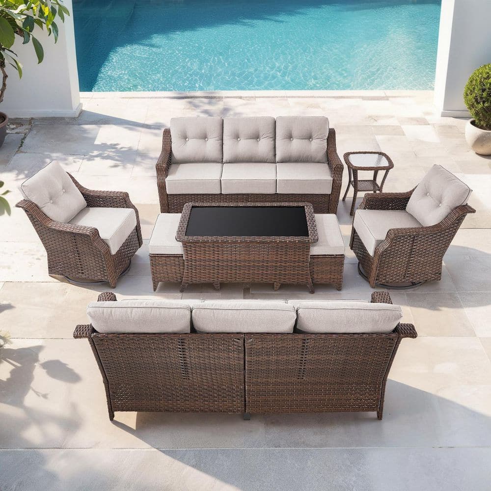 Henn Brown 8-Piece Wicker Patio Conversation Sectional Seating Set with Swivel Sofa Chairs, Ottomans and Beige Cushions