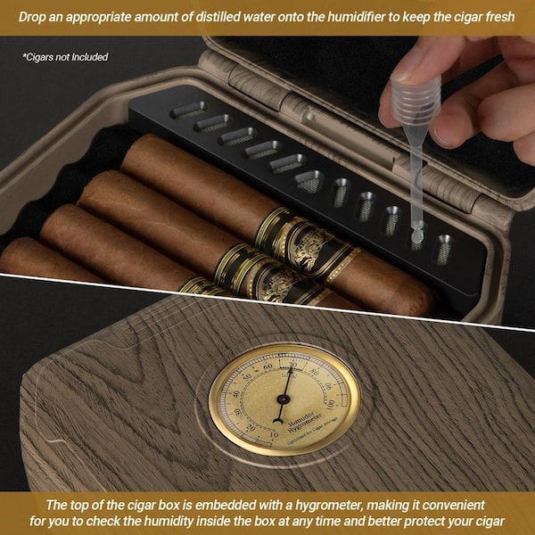 tobacco humidifier box 9.6 in. W x 2.3in. H Brown ABS Travel Cigar Humidor Case with Cedar Tray,  Humidifier and Lighter SA1059B250