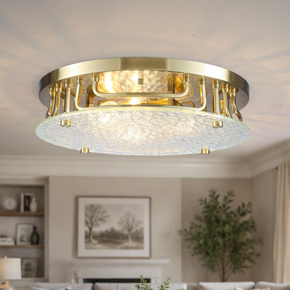 17.72 in. 3-Light Modern Round Brushed Gold Iron Flush Mount Ceiling Light with Textured Glass Shade for Foyer price history on PriceWatchPro