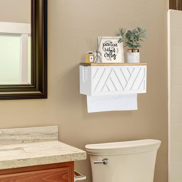 12 in. Wall Mount Solid Wood Trifold Hand Paper Towel Holder with Lid for Bathroom Kitchen Decor, White