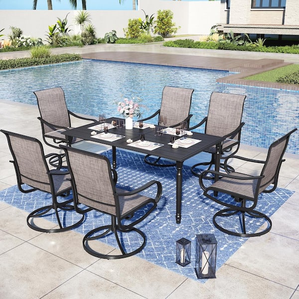 PHI VILLA Black 7-Piece Metal Rectangle Patio Outdoor Dining Set with Slat Table and Textilene Swivel Chairs