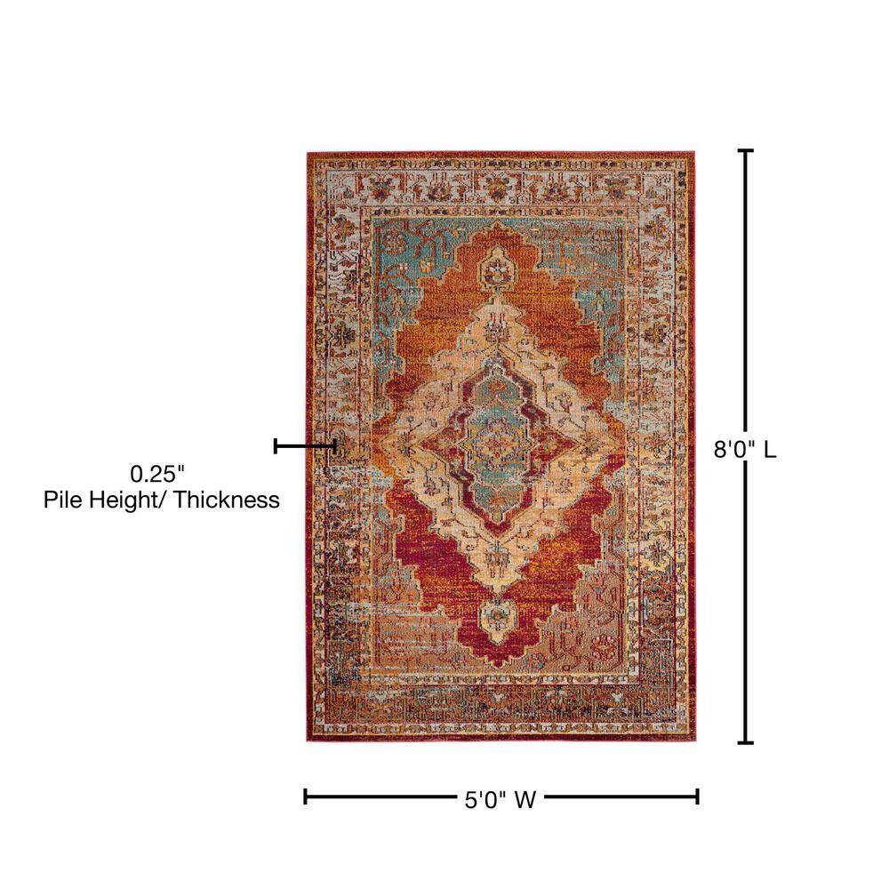 Reversible Orange and Light Blue Synthetic Rectangular Area Rug