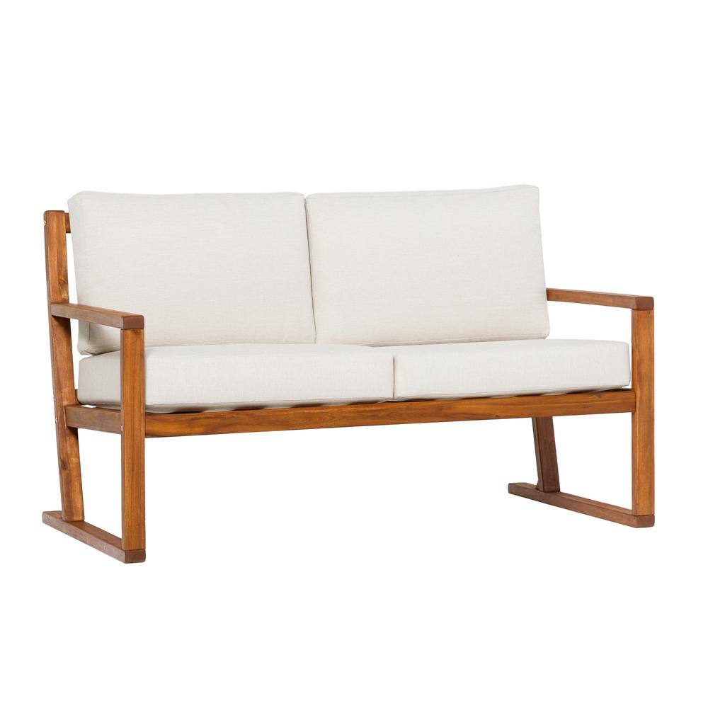 White Upholstered Solid Acacia Wood 2-Seater Loveseat