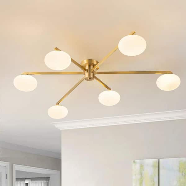Y'INSP Lumo Orb 45.2 in. 6-Light Brushed Gold Mid-Century Pendant Ceiling Light Sputnik Semi-Flush Mount