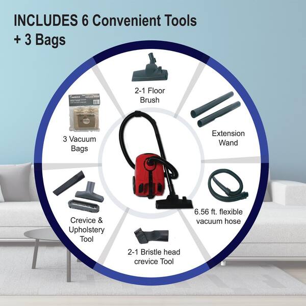 Impecca Bagged Canister Vacuum Cleaner - Red, with 9-Paper Bags Included