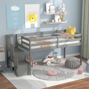 Gray Twin Size Wooden Loft Bed with Staircase