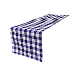 14 in. x 108 in. White and Royal Blue Polyester Gingham Checkered Table Runner