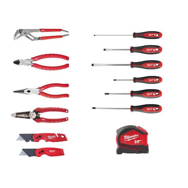 Milwaukee Pliers Kit with Electricians 6-in-1 Wire Strippers, Screwdrivers, Tape Measure and Fastback Knife Set (11-Piece)