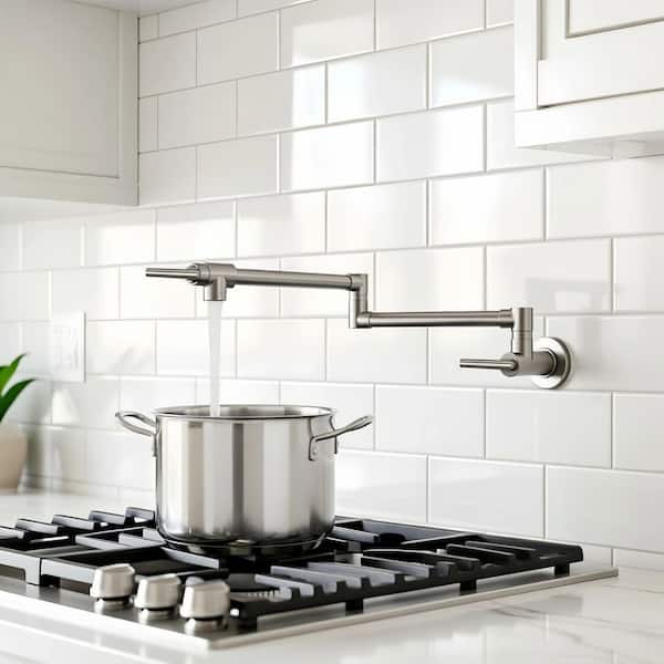 Wall Mounted Pot Filler with Folding Arm, 360° Rotation in Brushed Nickel