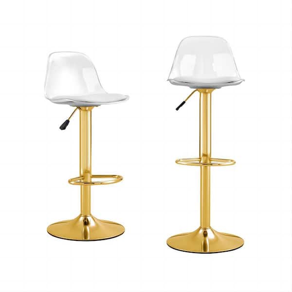 Polibi 24 in. to 32 in. H Gold Low Back Metal Adjustable Bar Stool with PU Leather Seat, 360° Swivel(Set of 2)