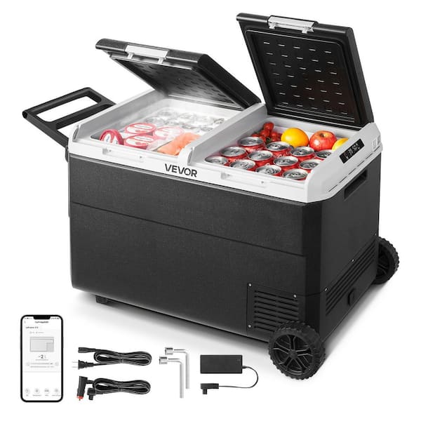 VEVOR 12V Car Refrigerator 95L/100.4 qt. Dual Zone Portable Cooler w/ Wheels Handle -4F–68°F 12/24V Compressor Freezer Outdoor