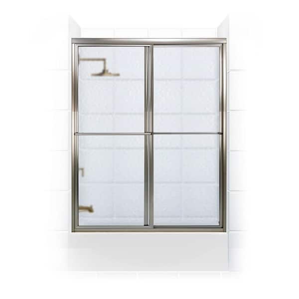 Newport 54 in. to 55.625 in. x 55 in. Framed Sliding Bathtub Door with Towel Bar in Brushed Nickel and Aquatex Glass