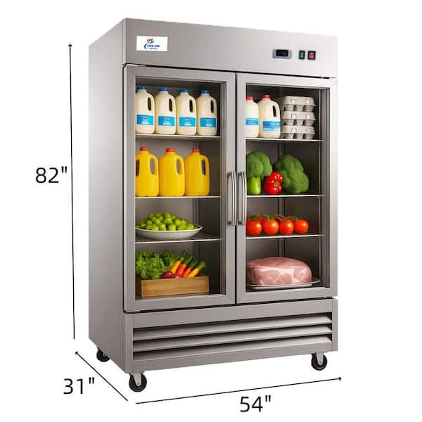 54 in. W 47 cu.ft Two Glass Door Refrigerator Display Reach-In Upright Commercial Merchandiser in Stainless Steel