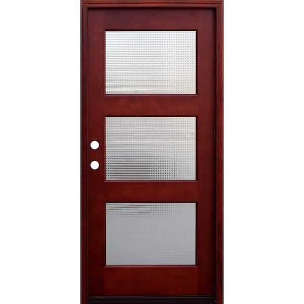 Pacific Entries 36 in. x 80 in. Contemporary 3 Lite Cross Reed Stained Mahogany Wood Prehung Front Door