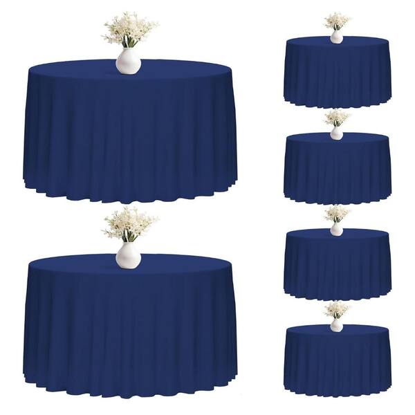 6 Pack 120in Round Navy Blue Polyester Tablecloths, Washable Reusable Party Table Covers