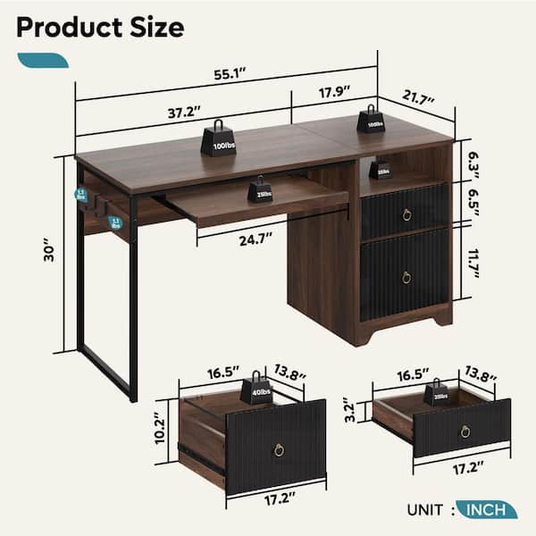 55 in. Walt 2-Drawers Writing Computer Desk with Open and File Storage, Keyboard Tray and Practical Hook