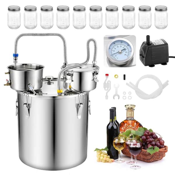 Alcohol Still, 13.2 gal./ 50L Alcohol Distiller in Silver with 10 x 16 oz. Jars Thumper Keg and Dual-scale Thermometer