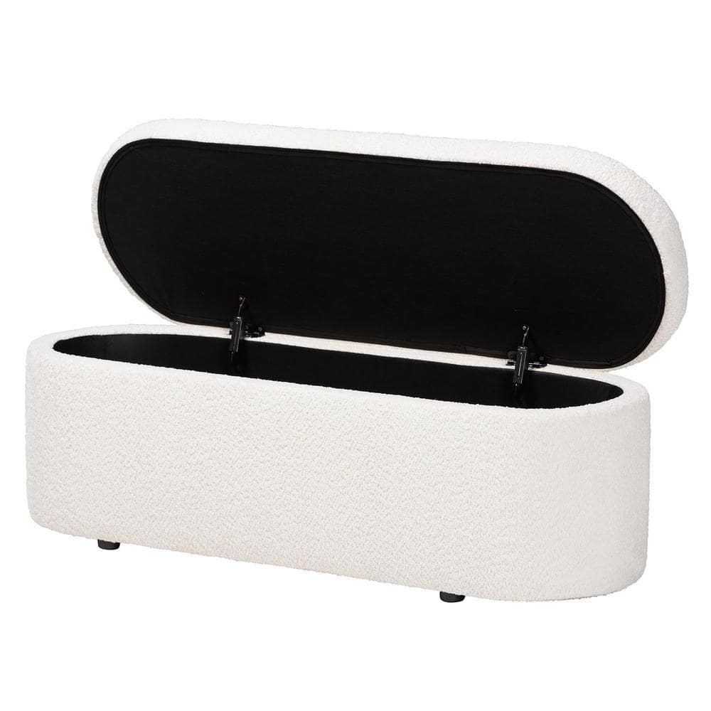 Lavina White Teddy-Bear Fabric Storage Bench with Wooden Legs