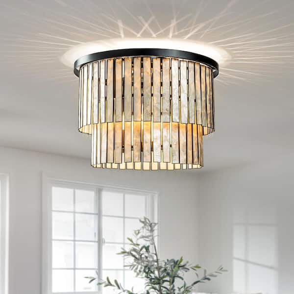 20 in. 5-Light Farmhouse Coastal Capiz Seashells Flush Mount Ceiling Light in Matte Black with Rectangular Shells Panes