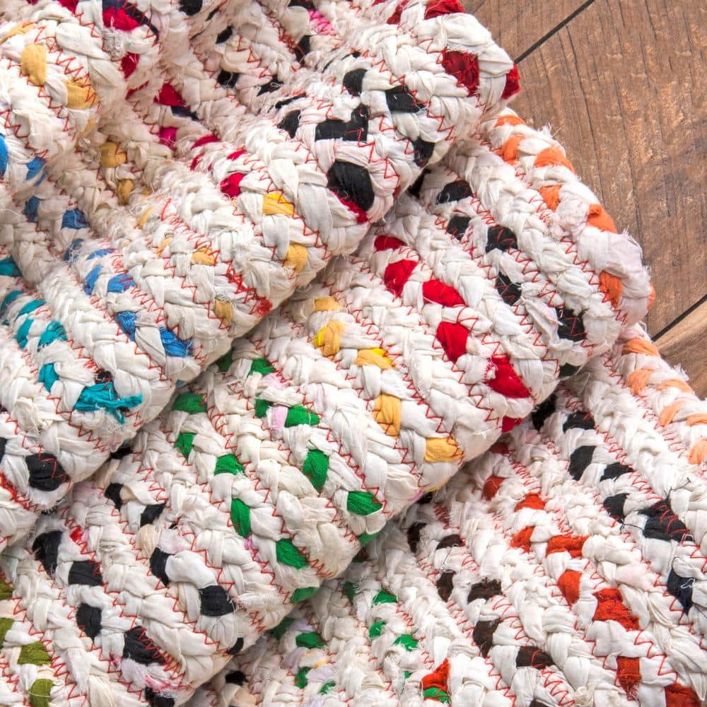 Ivory and Multicolor Braided Cotton Oval Rug 8' x 10'