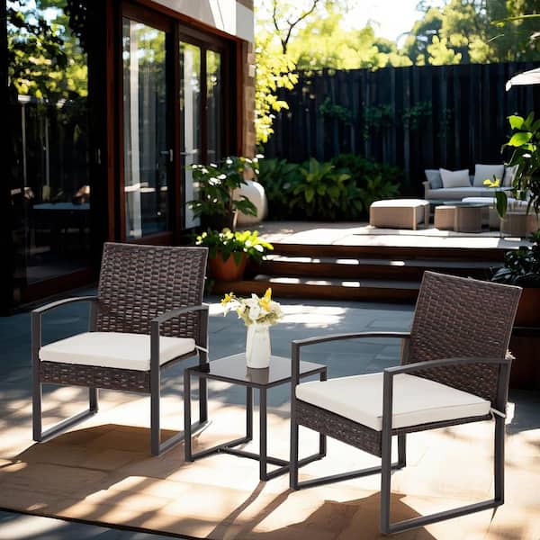 Bezseller 3-Piece Patio Set, Steel Outdoor Wicker Patio Furniture Set, Brown Outdoor Bistro Set with Beige Cushion