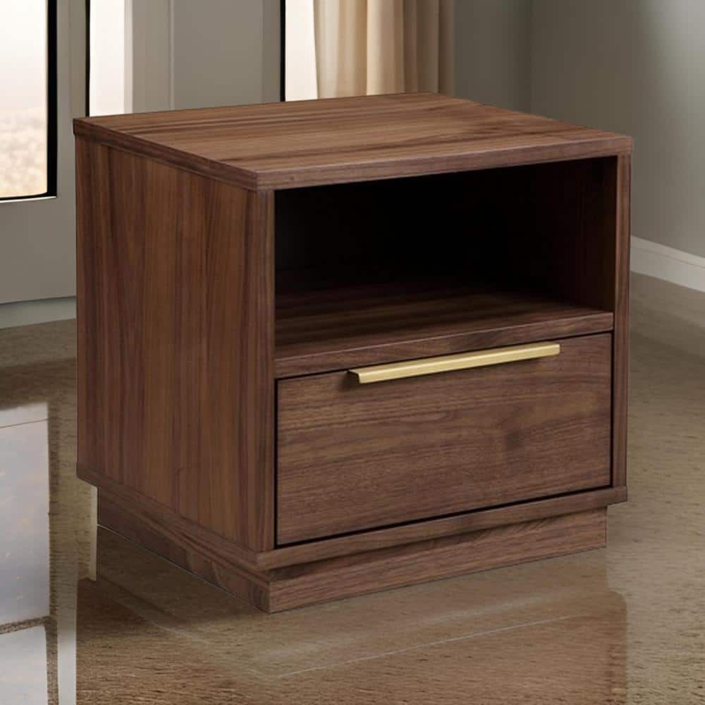 Walnut and Gold 18" Nightstand with Drawer and Cubby