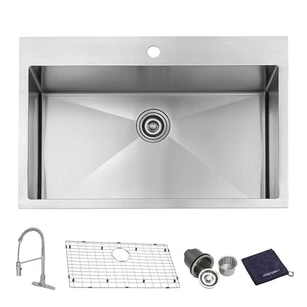 JASSFERRY Handcrafted 16-Gauge Stainless Steel 33 in. Single Bowl Tight Radius Drop-In Kitchen Sink with Faucet