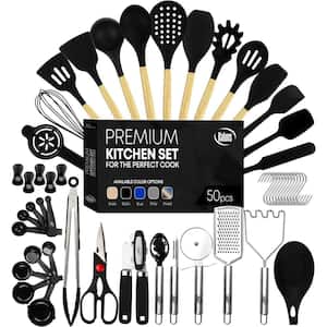 Black, 50-Piece Set of Silicone Kitchen Utensils, Complete Kitchen Set, Premium Silicone Cooking Utensils
