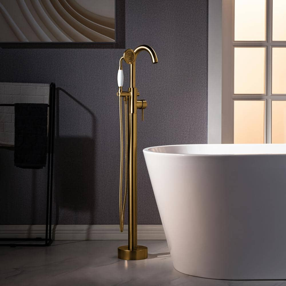 Discount Brushed Gold Freestanding Bathtub Faucet Floor Mount Shower Bathroom Tub Filler