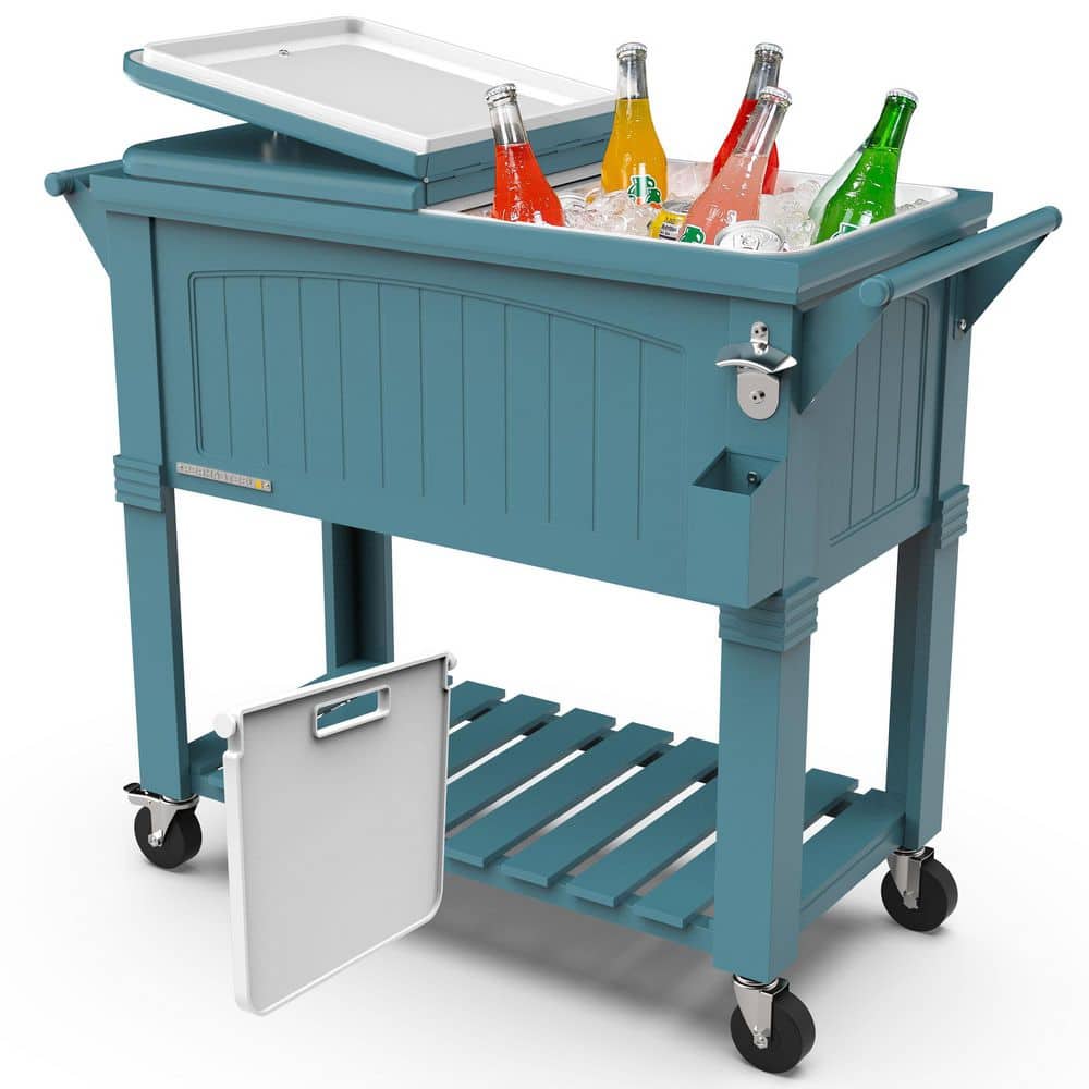 party cooler, 80-qt. capacity, divider cooler, rolling ice chest for entertainment, matte teal