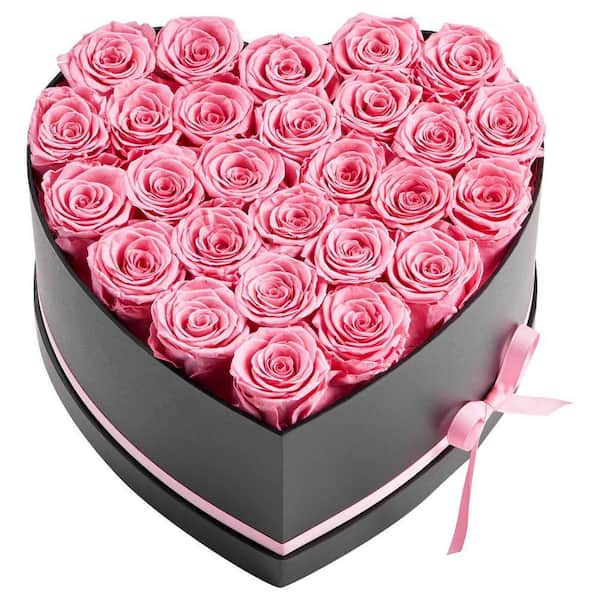 27 Preserved Roses in a Heart-Shaped Box, 5.51 in. Pink Indoor Artificial Rose in Black Basket Container, Long-Lasting
