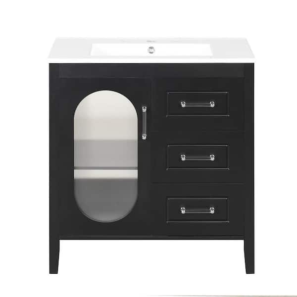 30 in. W x 18.3 in. D x 33 in. H Bathroom Vanity with Single Sink and White Ceramic Top, 2-Drawers and Door, Black