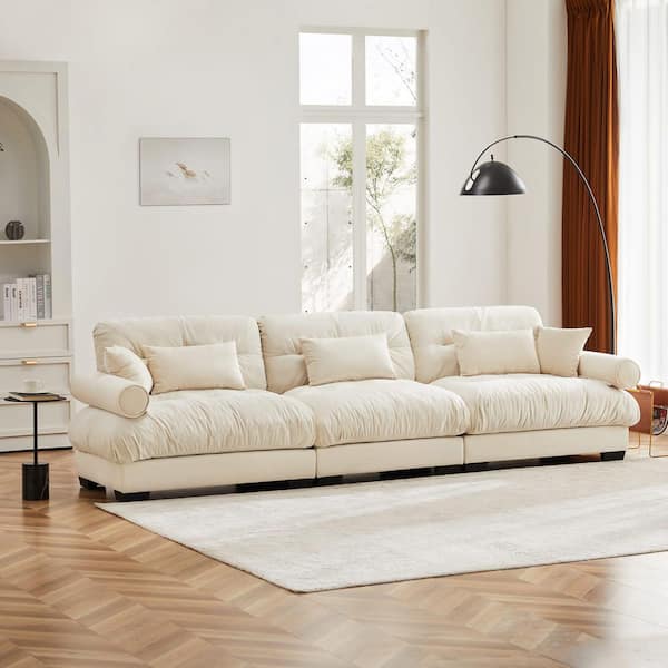 Dalton 130 in. Velvet Upholstered Rectangle Sectional Sofa in. Beige with Blostered Armrests, Pillows, Cream