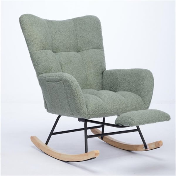 BOPOREA MEGO LLC Metal Outdoor Rocking Chair with Green Cushion, Upholstered with Cashmere Fabric, High Backrest and Solid Wood Legs