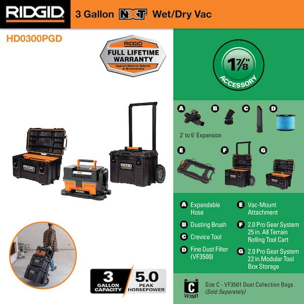 RIDGID HD0300 3 Gallon 5.0 Peak HP NXT Wet/Dry Shop Vacuum with