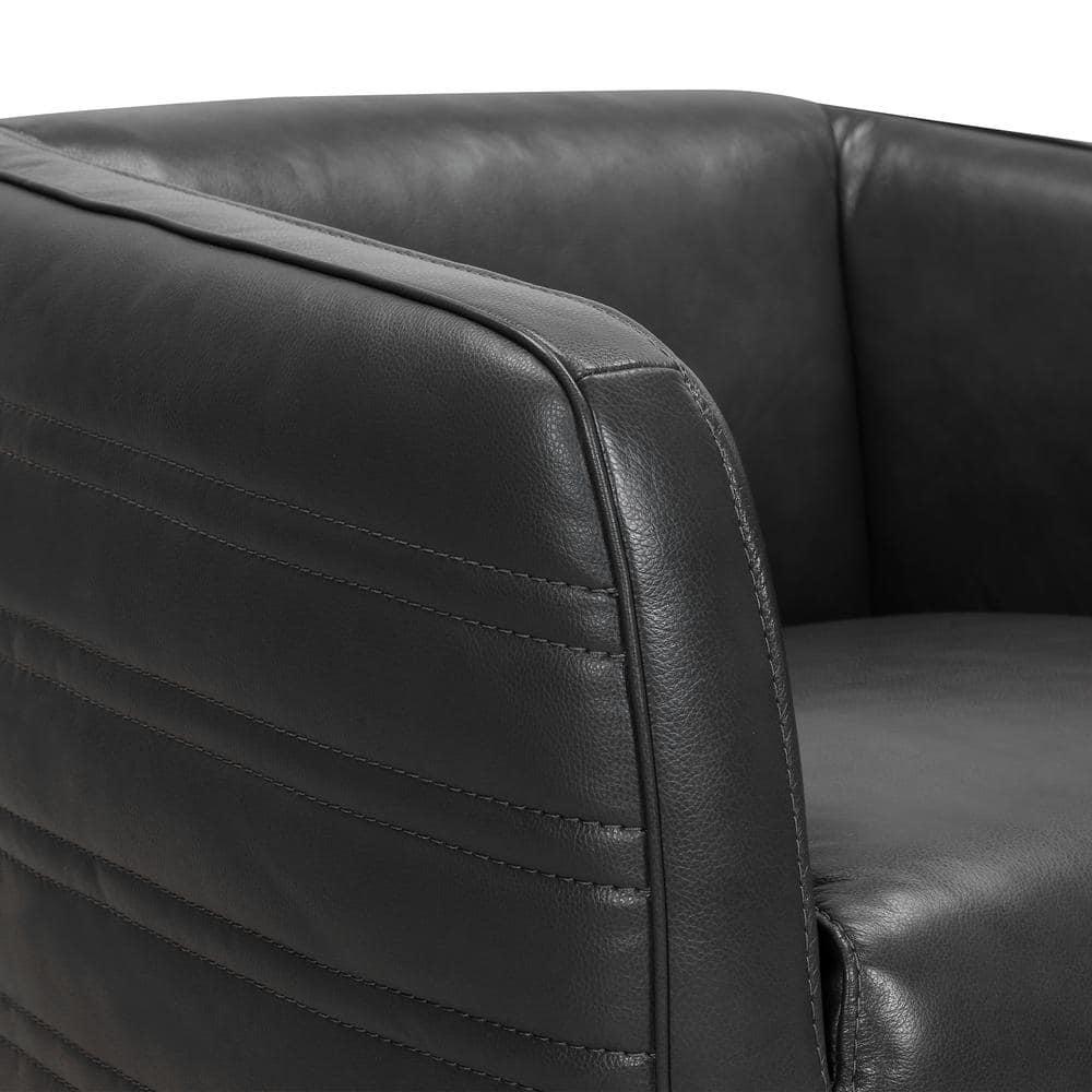 Pewter Leather Swivel Barrel Accent Chair with Wood Frame
