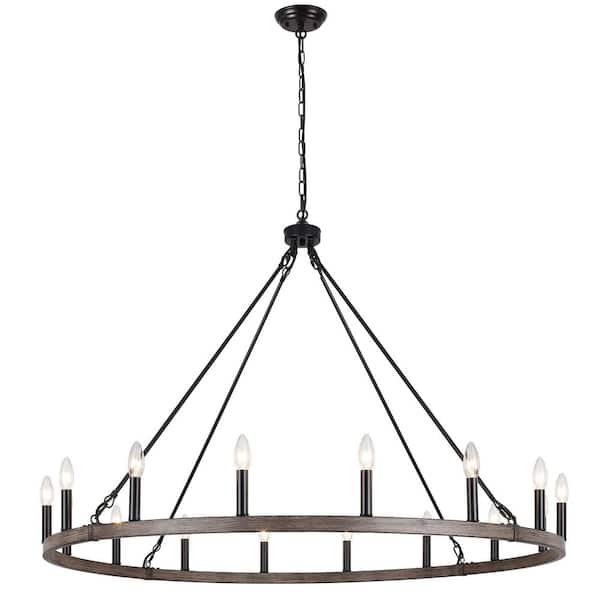 16-Light Black and Imitation Wood Grain Farmhouse Chandelier Wagon Wheel Candlestick Chandelier