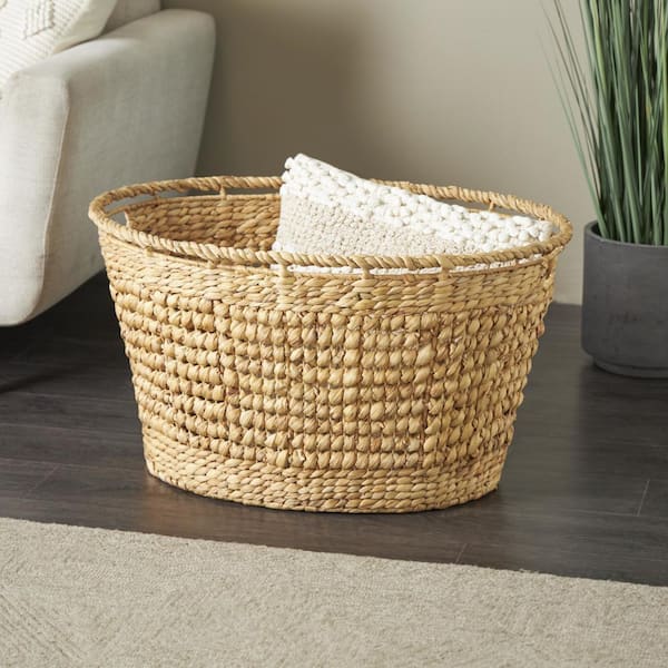 Litton Lane Seagrass Handmade Woven Oval Storage Basket with Elevated Rim and Slot Handles