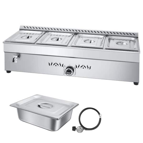 4-Pan Commercial Propane Steam Table, LP Gas Soup Warmer w/ Drain, Stainless Steel, Temp Control, for Restaurant/Camping