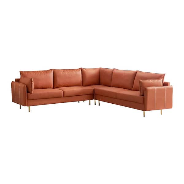 wetiny 102 in. W Square Arm 1-piece U Shaped Faux Leather Modern Sectional Sofa in Orange