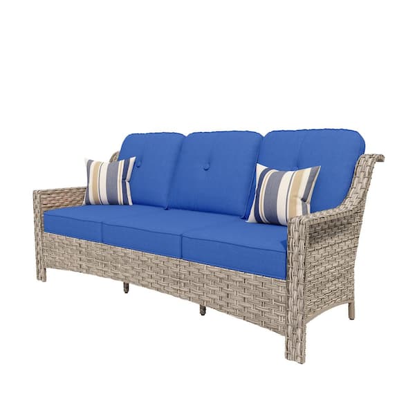 Tulip N Gray 1 Piece Wicker Patio Outdoor Conversation 3-seat Couch with Navy Blue Cushions