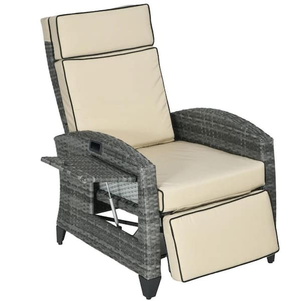 Powder-Coated Steel Frame Reclining Lounge Chair with Padded Cushions and Pop-Out Side Tray PE Wicker Outdoor Recliner