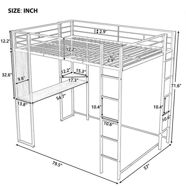 aisword - Black Full Size Metal Loft Bed with 2-Shelves and 1-Desk -