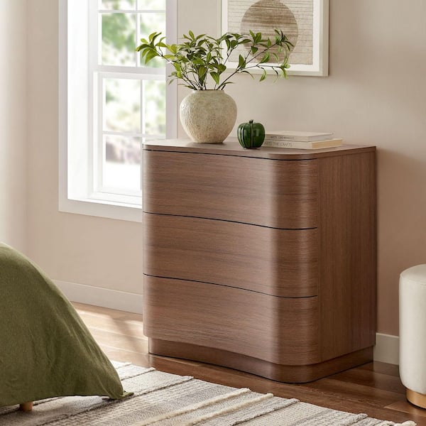 Mirae 3-Drawer Curved Compact Dresser in Brushed Brown Oak