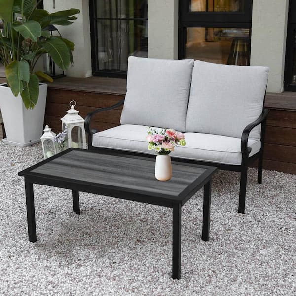 Unbranded 2-Piece Metal Patio Conversation Set with Light Gray Cushions, 47.2 in. Loveseat Sofa Bench and Table Set